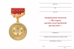 Обратная сторона награды Медаль «Ветеран радиоэлектронной разведки ВС РФ» с бланком удостоверения