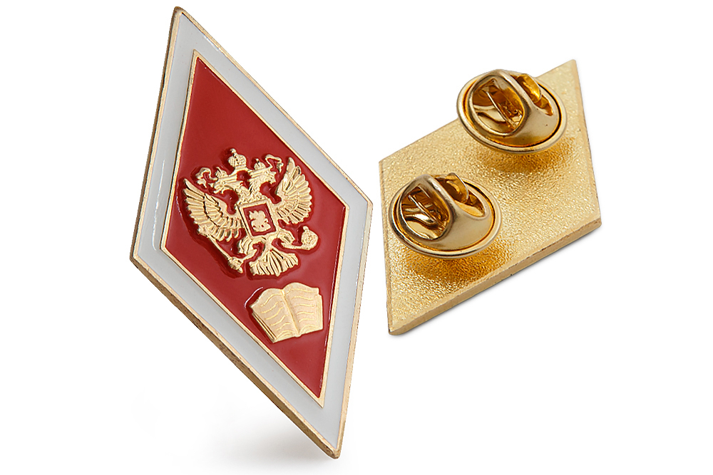 3D фото награды Академический нагрудный знак (ромб) «Об окончании юридического ВУЗа» (2 пуссеты)