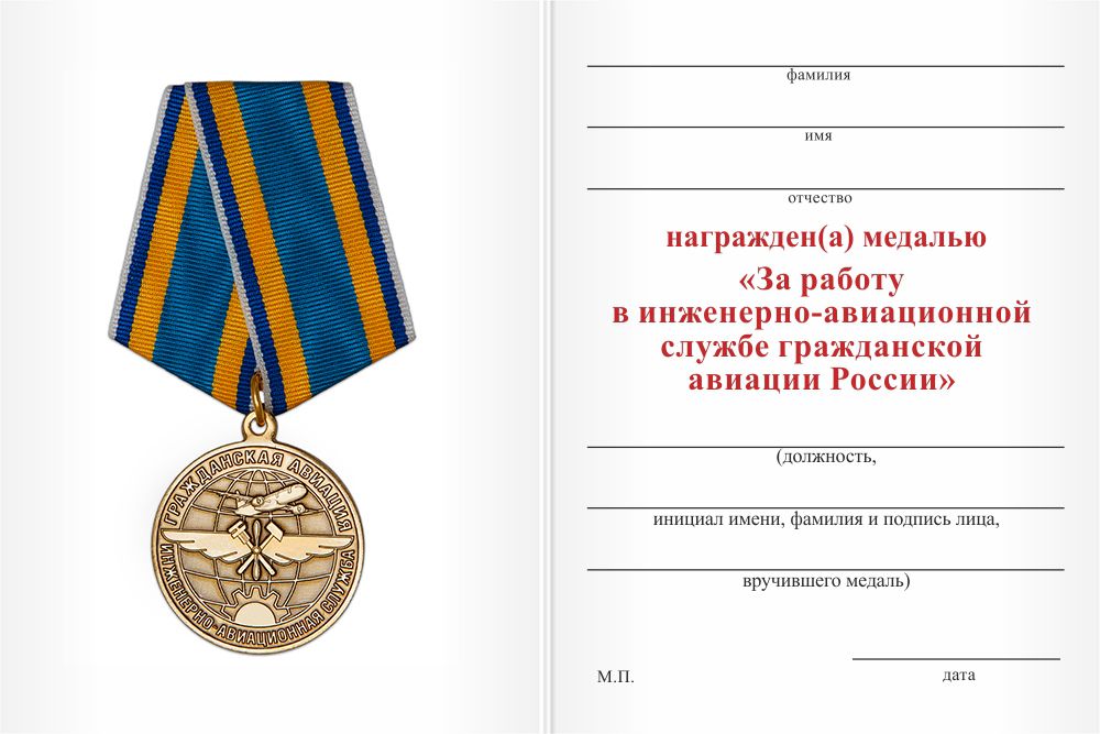 Бланк оборотная сторона Медаль «За работу в инженерно-авиационной службе ГА» с бланком удостоверения