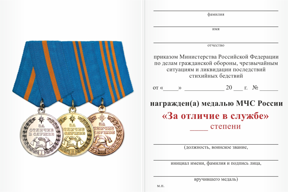 Бланк оборотная сторона Медаль МЧС России «За отличие в службе» I степень с бланком удостоверения