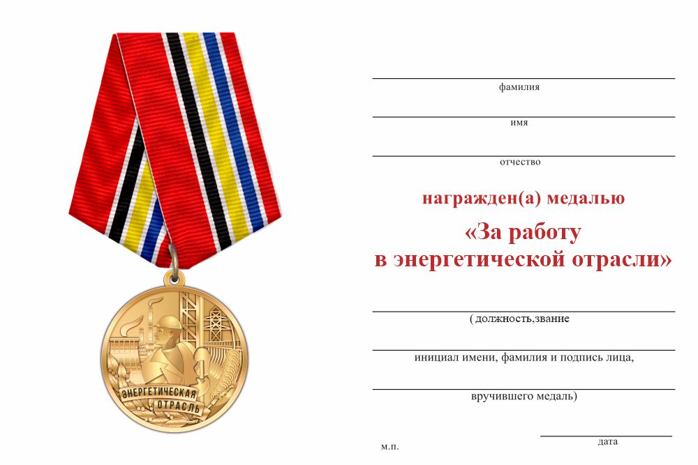 Бланк оборотная сторона Медаль «За работу в энергетической отрасли» с бланком удостоверения