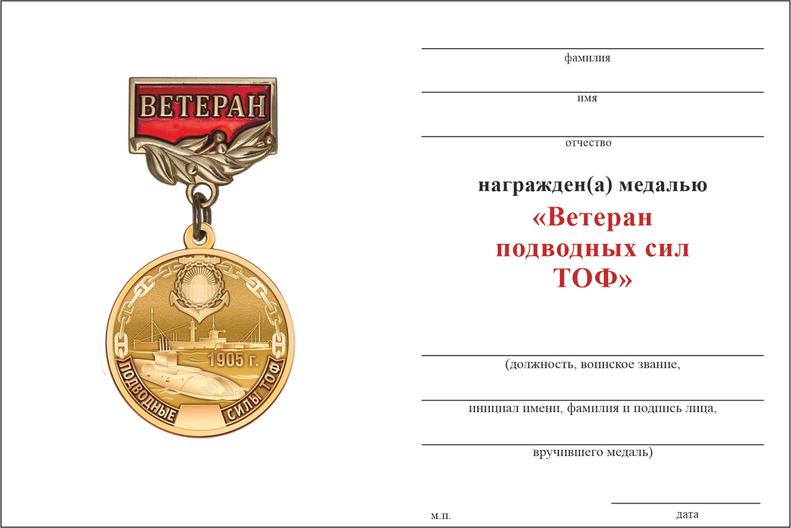 Бланк оборотная сторона Медаль «Ветеран подводных сил ТОФ» с бланком удостоверения