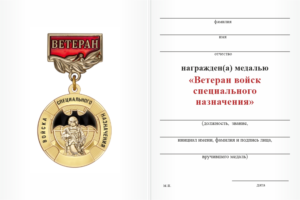 Бланк оборотная сторона Медаль «Ветеран войск специального назначения» с бланком удостоверения