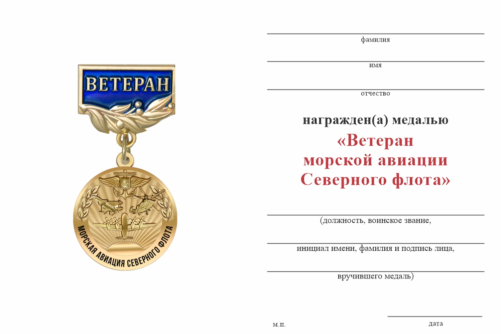 Бланк оборотная сторона Медаль «Ветеран морской авиации Северного Флота» с бланком удостоверения