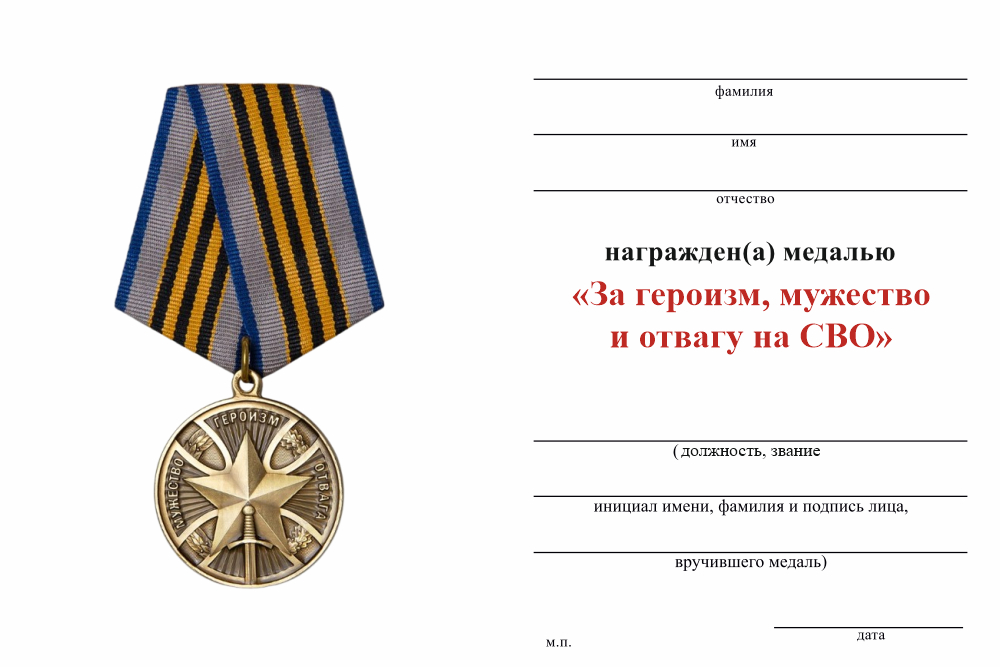 Бланк оборотная сторона Медаль «За героизм, мужество и отвагу на СВО» с бланком удостоверения