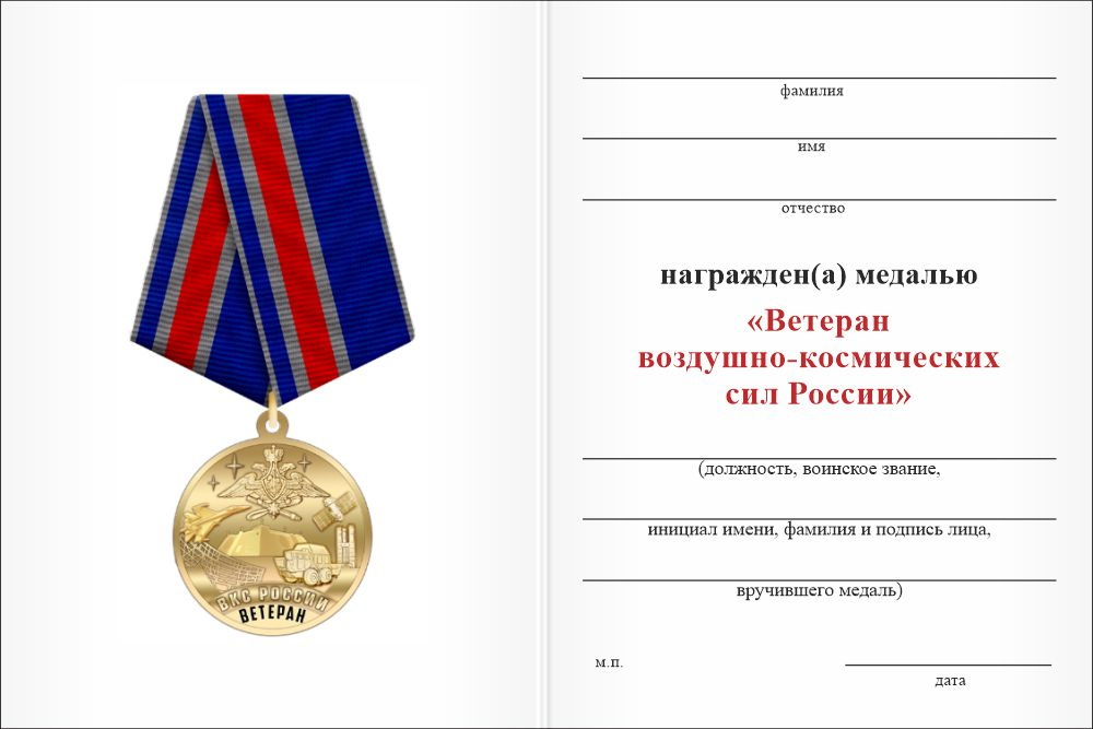 Бланк оборотная сторона Медаль «Ветеран ВКС РФ» с бланком удостоверения