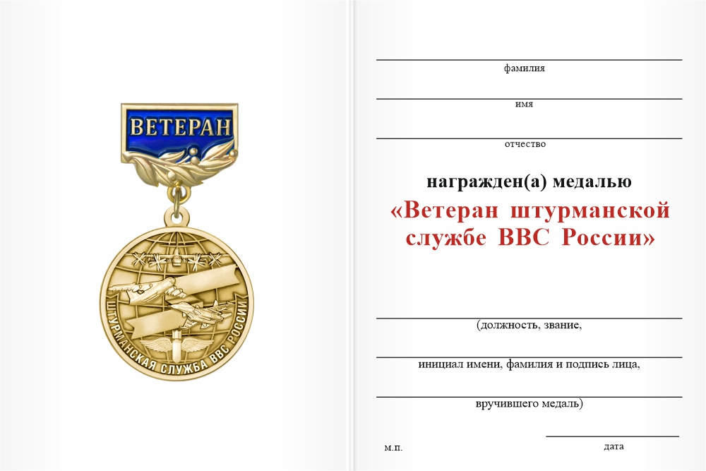 Бланк оборотная сторона Медаль «Ветеран штурманской службы ВВС» с бланком удостоверения
