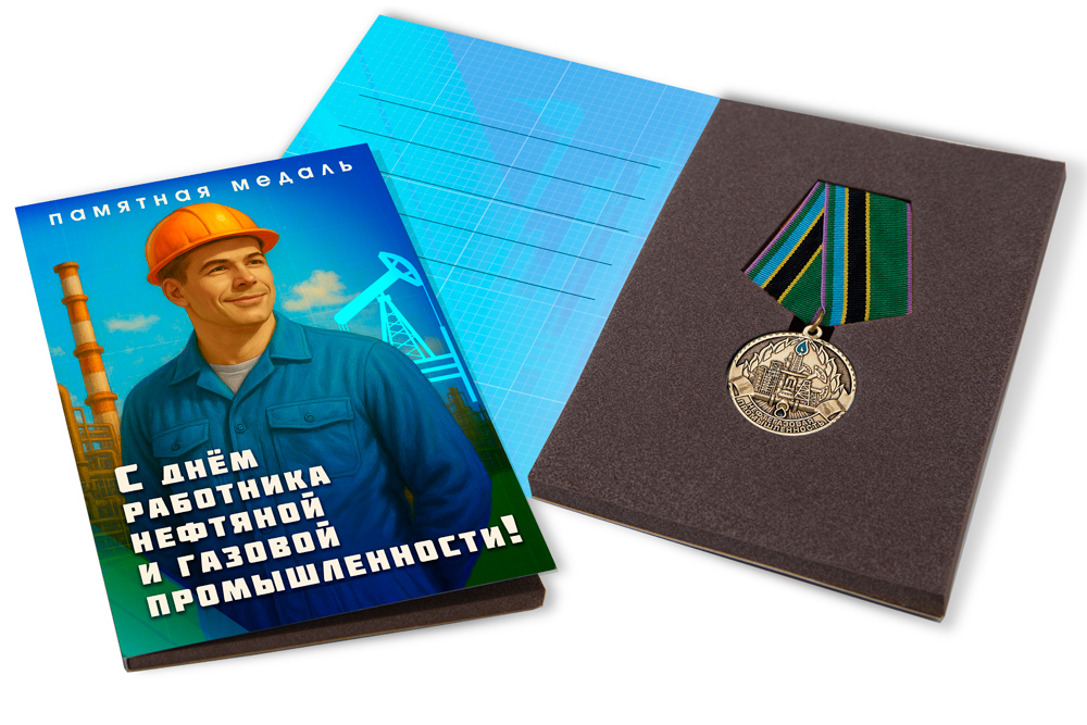 Лицевая сторона награды Поздравительная открытка с медалью «За работу в нефтегазовой промышленности»