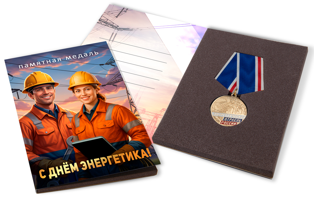 Лицевая сторона награды Поздравительная открытка с медалью «С Днём энергетика»