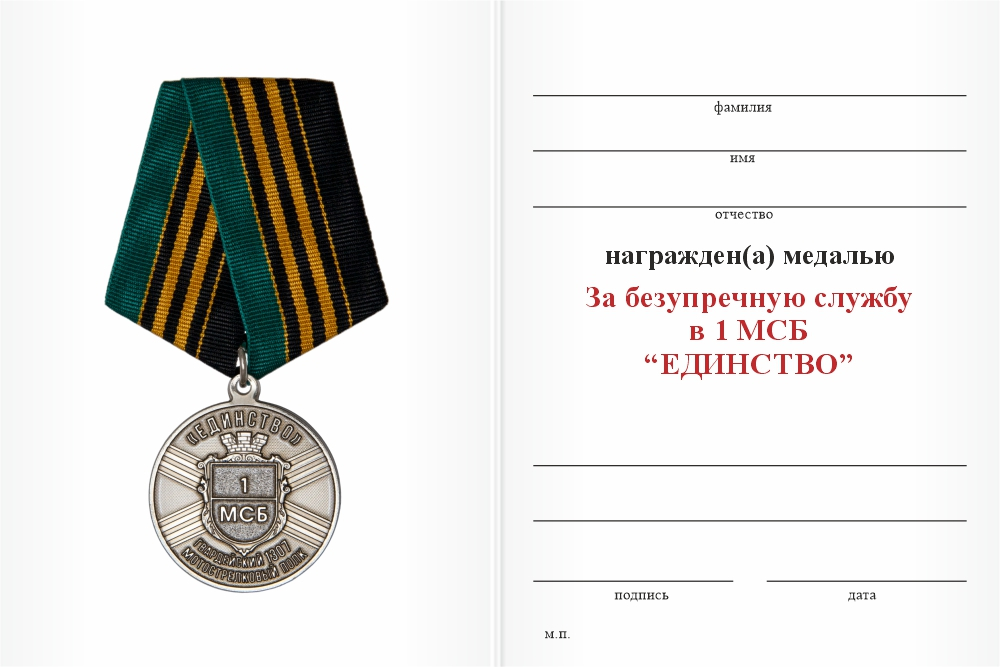 Бланк оборотная сторона Медаль «За безупречную службу в 1-ом МСБ "Единство" 1307-го гв. МСП»