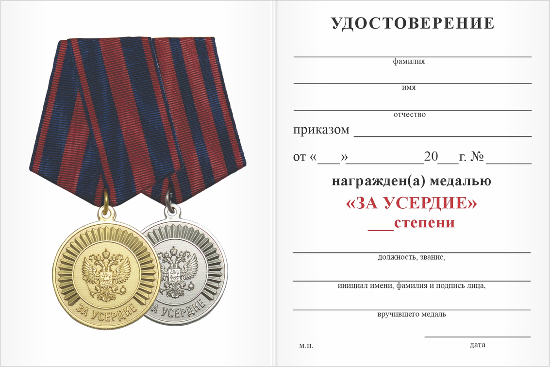Бланк оборотная сторона Медаль «За усердие. Кадетское образование» 1 степени с бланком удостоверения