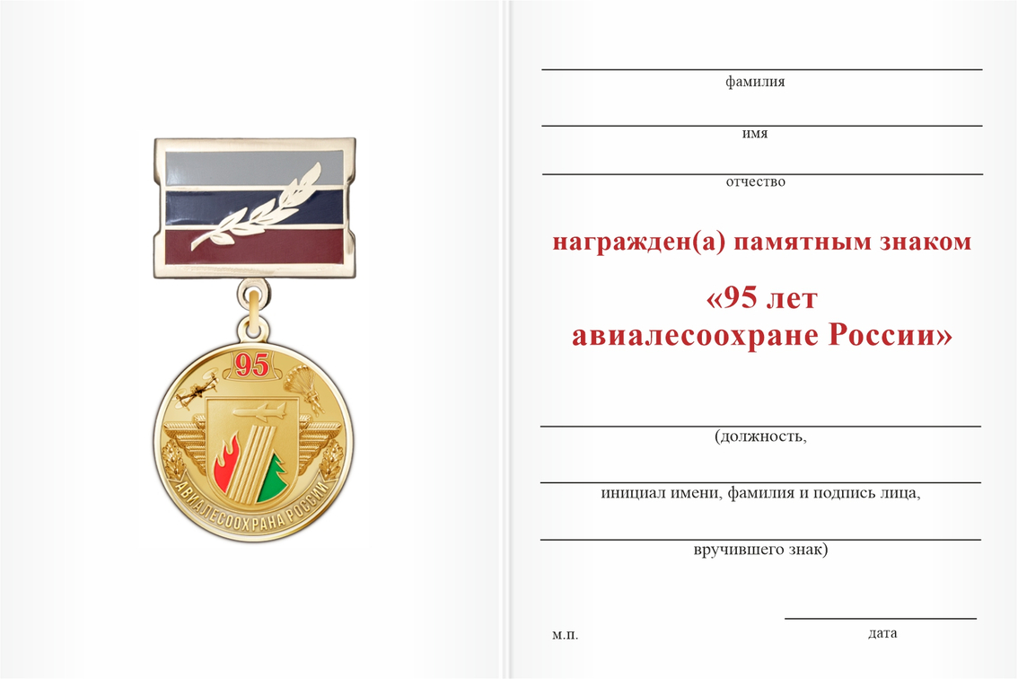 Бланк оборотная сторона Памятный знак «95 лет АвиаЛесоОхране» с бланком удостоверения