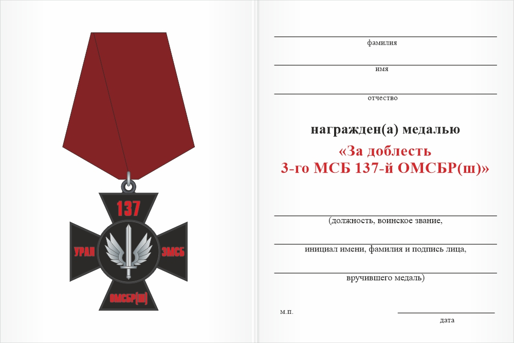 Бланк оборотная сторона Нагрудный знак «За доблесть 3-го МСБ 137-й ОМСБр(ш)»