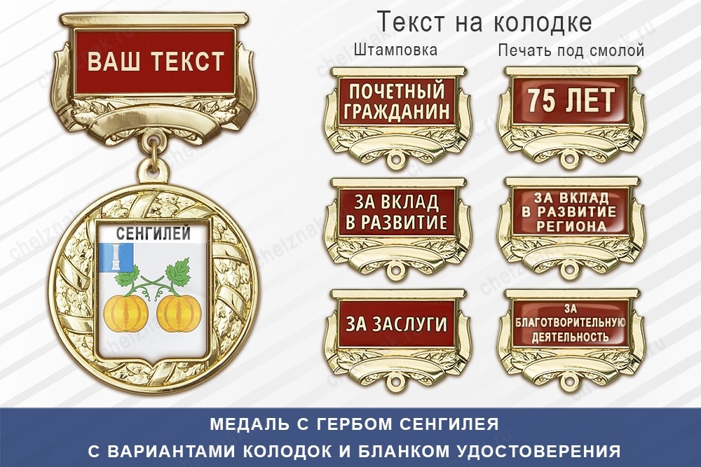 Медаль с гербом города Сенгилея Ульяновской области с бланком удостоверения, дополнительное фото 1