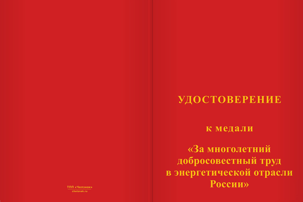 Бланк лицевая сторона Медаль «За многолетний добросовестный труд в энергетической отрасли» с бланком удостоверения
