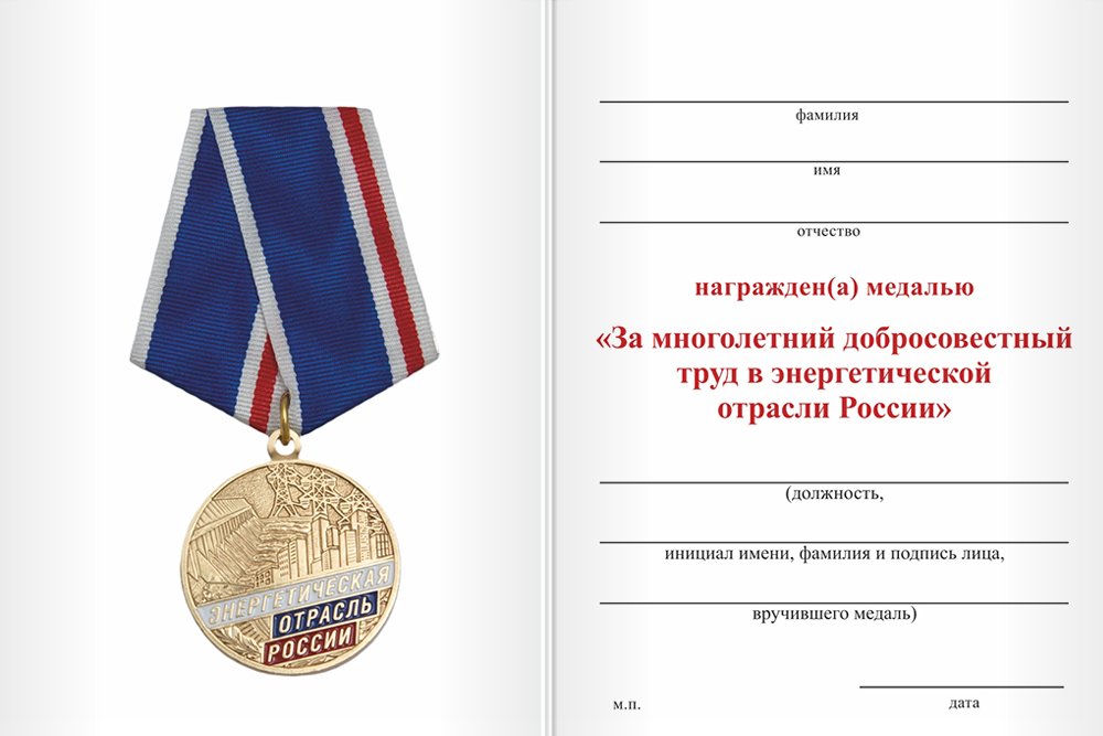 Бланк оборотная сторона Медаль «За многолетний добросовестный труд в энергетической отрасли» с бланком удостоверения