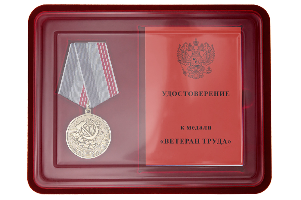 Лицевая сторона награды Наградной комплект к общественной медали «Ветеран труда России» d 34 мм с бланком удостоверения