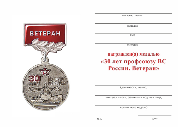 Обратная сторона награды Медаль «30 лет профсоюзу ВС России. Ветеран» с бланком удостоверения