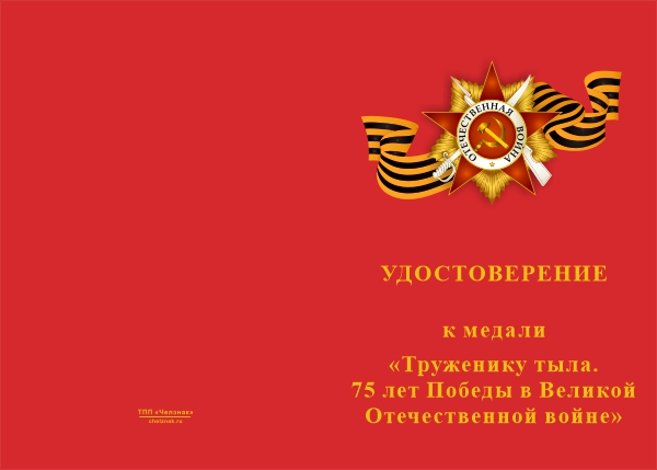 Лицевая сторона награды Медаль «Труженику тыла. 75 лет Победы в Великой Отечественной войне» с бланком удостоверения
