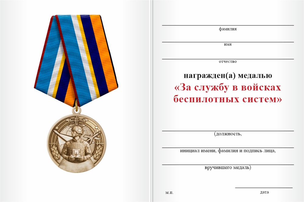 Бланк оборотная сторона Медаль «За службу в войсках беспилотных систем» с бланком удостоверения