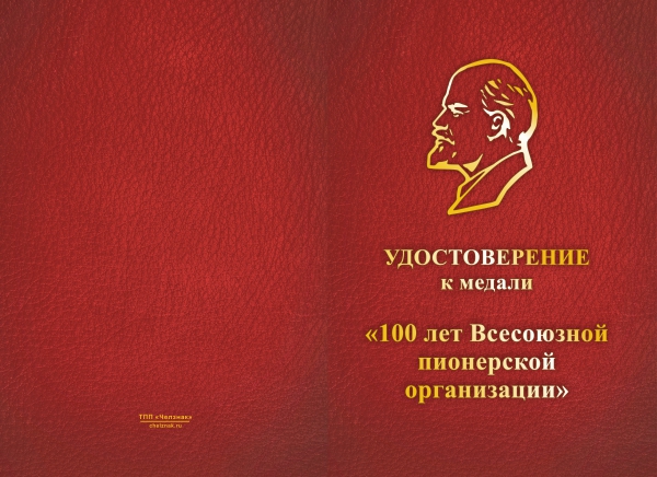 Лицевая сторона награды Медаль «100 лет Всесоюзной пионерской организации» с бланком удостоверения