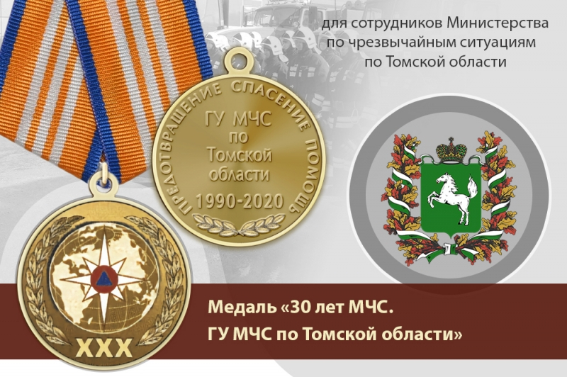 Медаль «30 лет ГУ МЧС России по Томской области» с бланком удостоверения