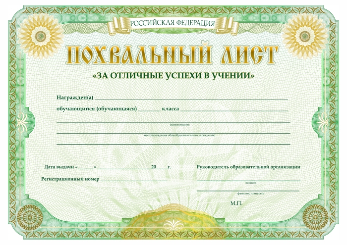 Бланк похвального листа «За отличные успехи в учении»