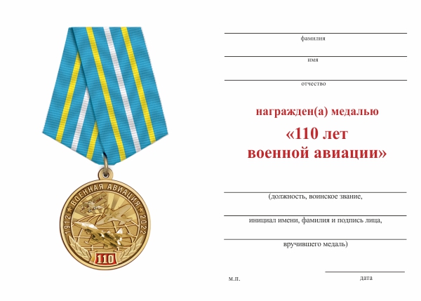 Обратная сторона награды Медаль «110 лет военной авиации» с бланком удостоверения