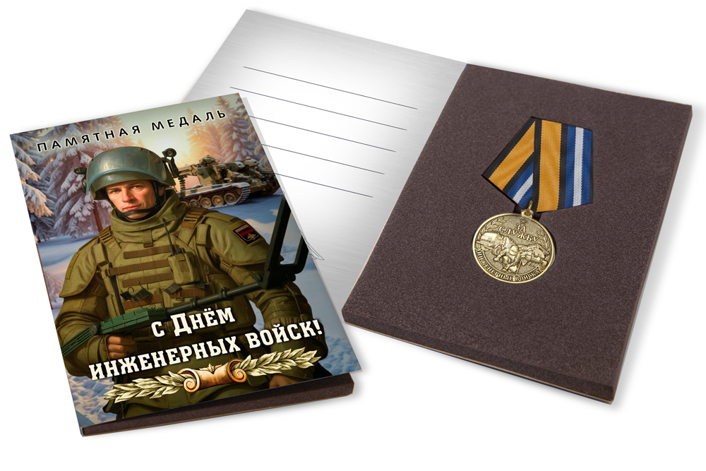 Лицевая сторона награды Поздравительная открытка с медалью «С Днём инженерных войск»