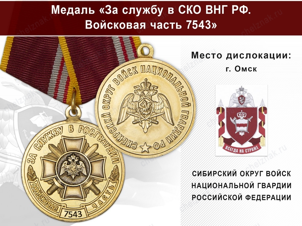 Медаль «За службу в СИБО ВНГ РФ. Войсковая часть 7543» с бланком удостоверения
