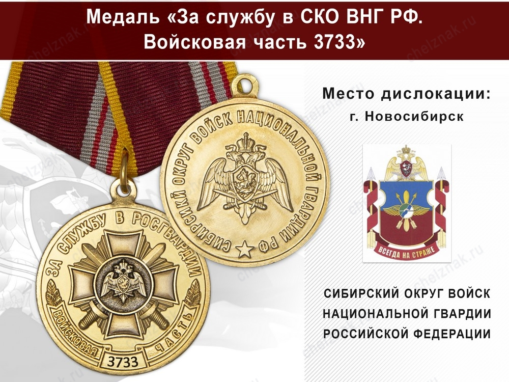 Медаль «За службу в СИБО ВНГ РФ. Войсковая часть 3733» с бланком удостоверения