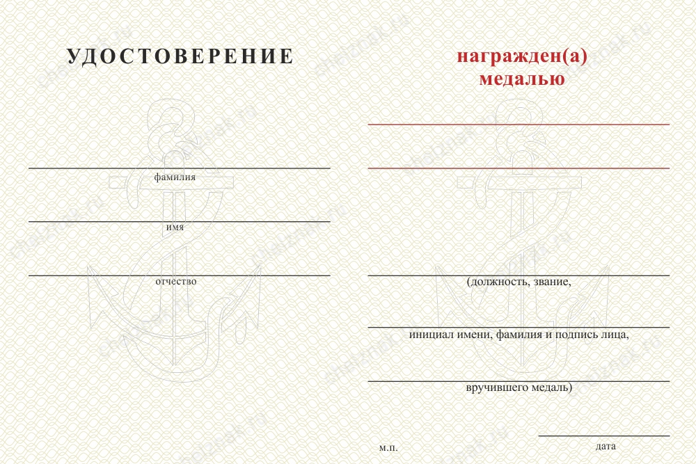Обратная сторона награды Медаль морской пехоты (с текстом заказчика), с бланком удостоверения
