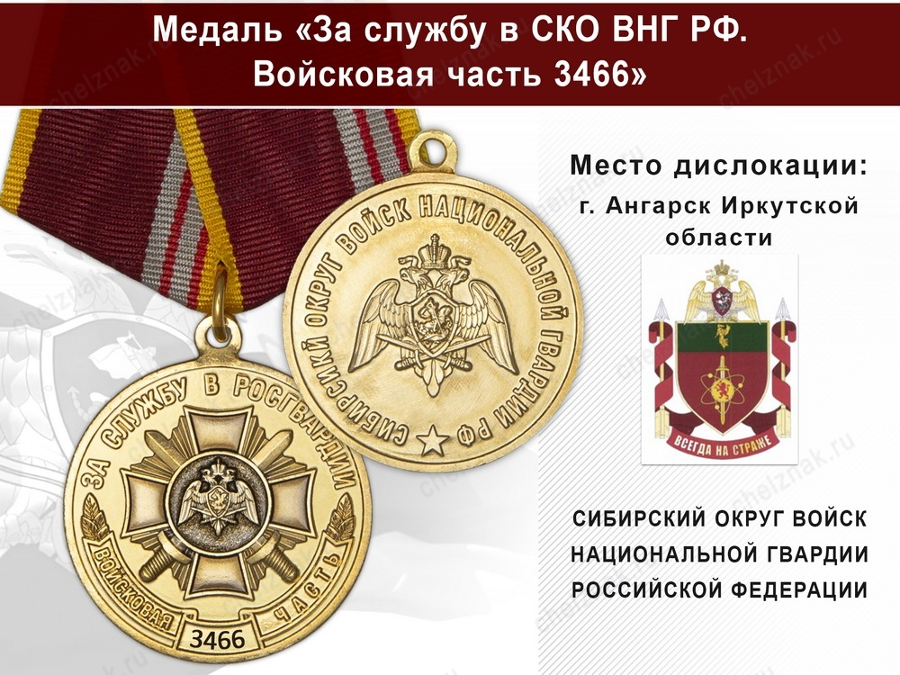 Медаль «За службу в СИБО ВНГ РФ. Войсковая часть 3466» с бланком удостоверения