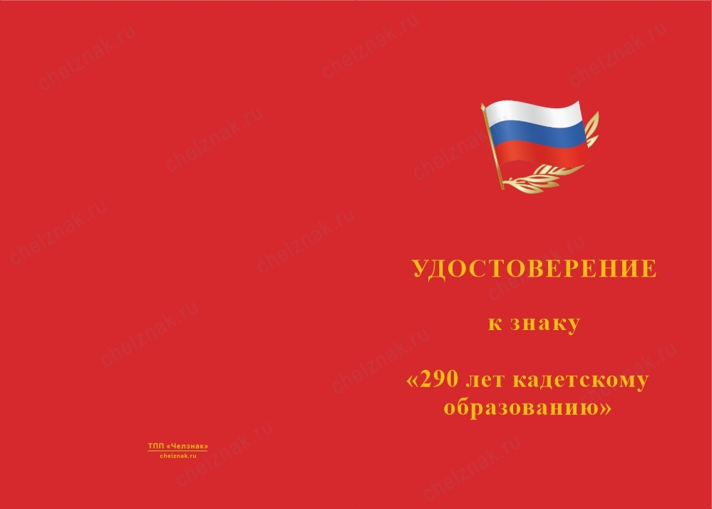 Лицевая сторона награды Знак «290 лет кадетскому образованию» с бланком удостоверения