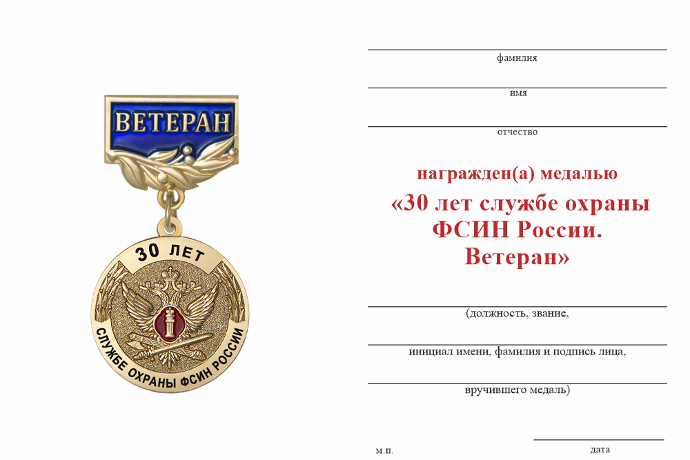 Бланк оборотная сторона Медаль «30 лет службе охраны ФСИН России. Ветеран» с бланком удостоверения