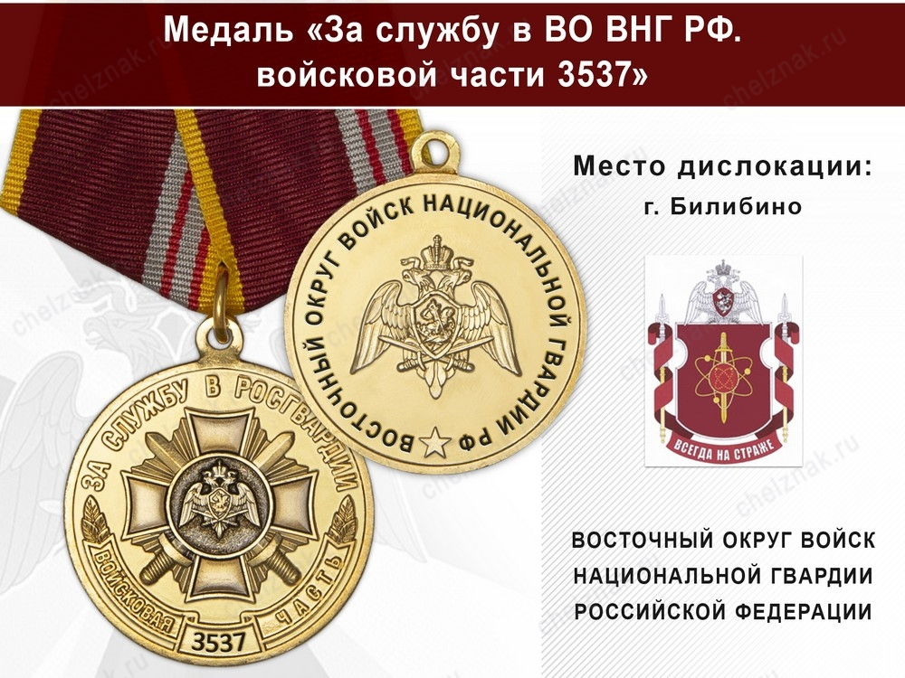 Медаль «За службу в ВО ВНГ РФ. Войсковая часть 3537» с бланком удостоверения