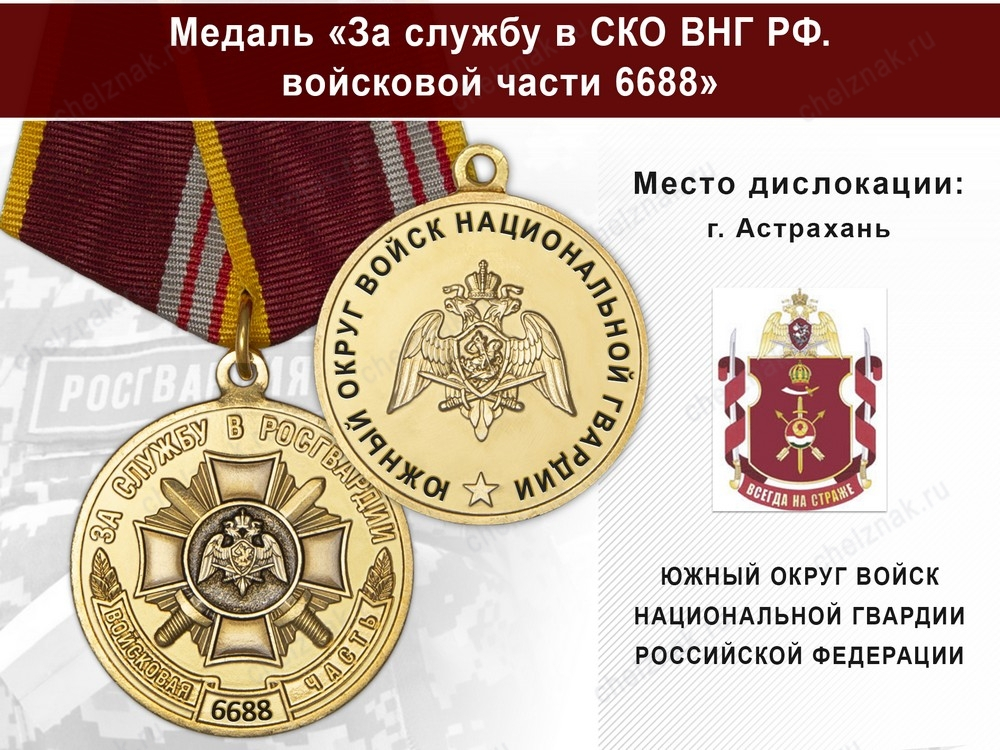 Медаль «За службу в в/ч 6688 Южного округа ВНГ РФ» с бланком удостоверения
