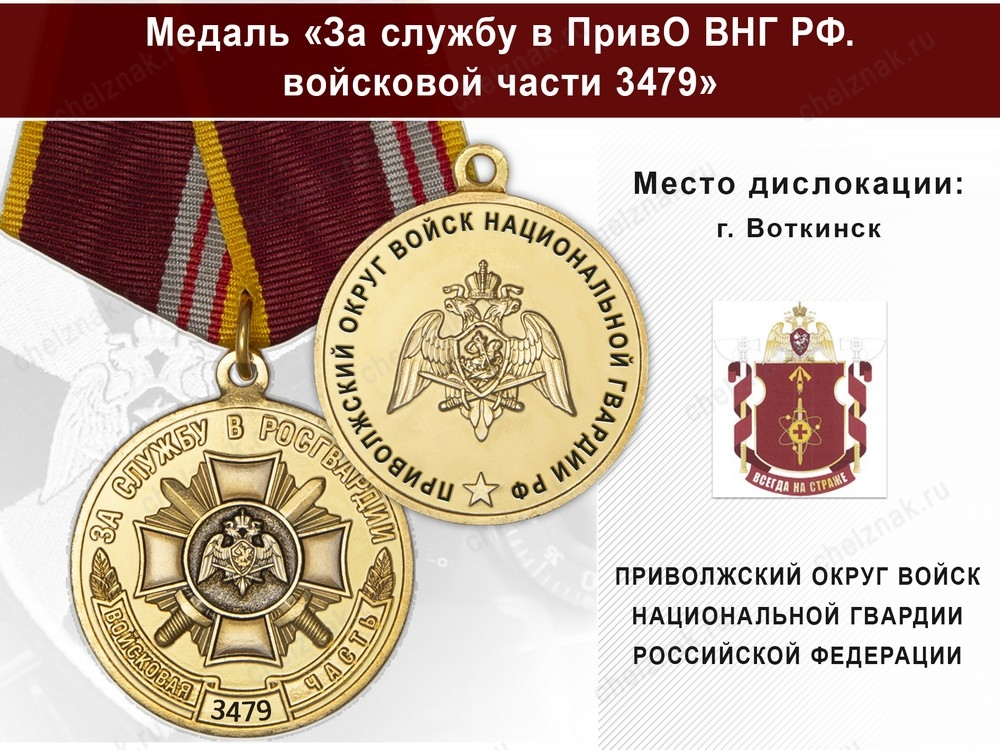Медаль «За службу в ПривО ВНГ РФ. Войсковая часть 3479» с бланком удостоверения