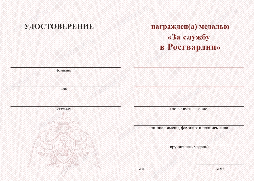 Обратная сторона награды Медаль «За службу в ПривО ВНГ РФ. Войсковая часть 3797» с бланком удостоверения