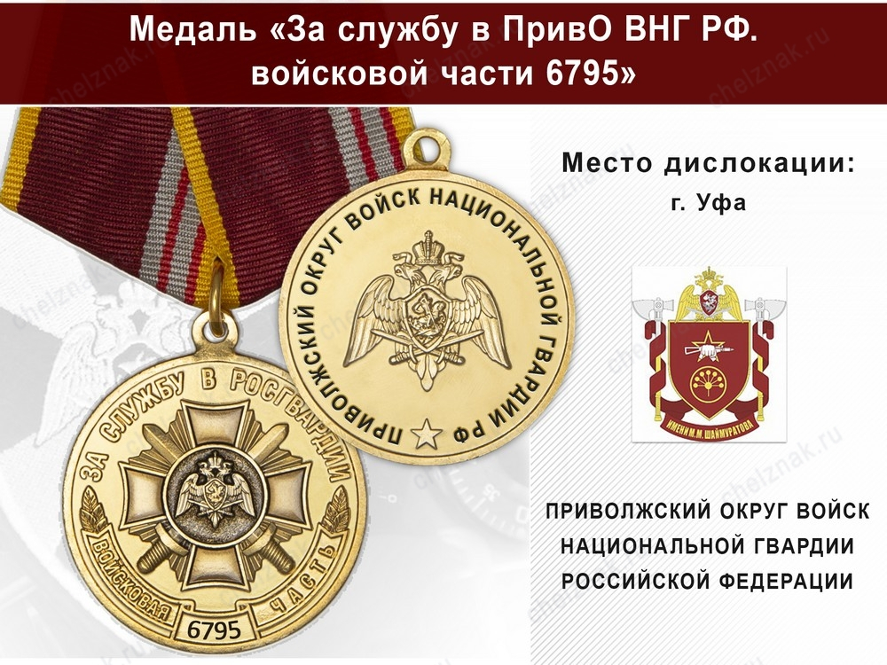 Медаль «За службу в ПривО ВНГ РФ. Войсковая часть 6795» с бланком удостоверения