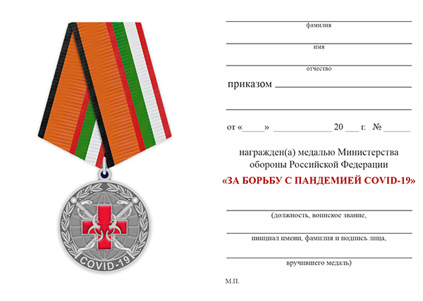 Обратная сторона награды Медаль МО РФ «За борьбу с пандемией COVID-19» с бланком удостоверения