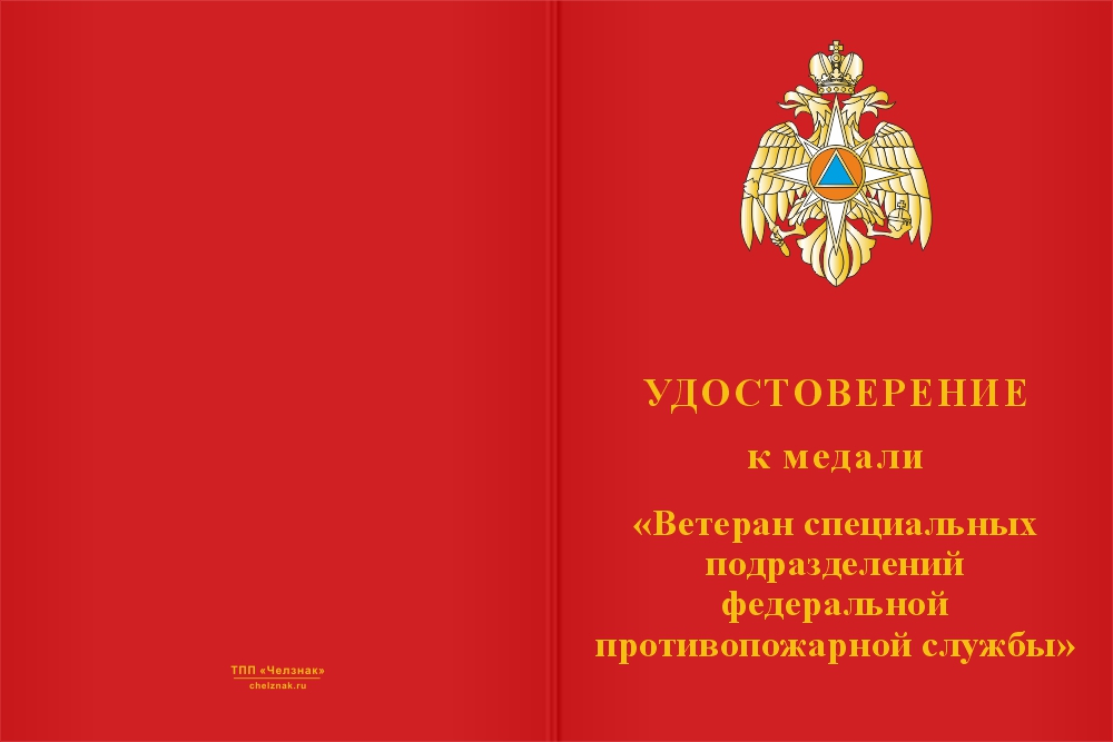 Бланк лицевая сторона Знак «Ветеран специальных подразделений ФПС МЧС РФ» с бланком удостоверения