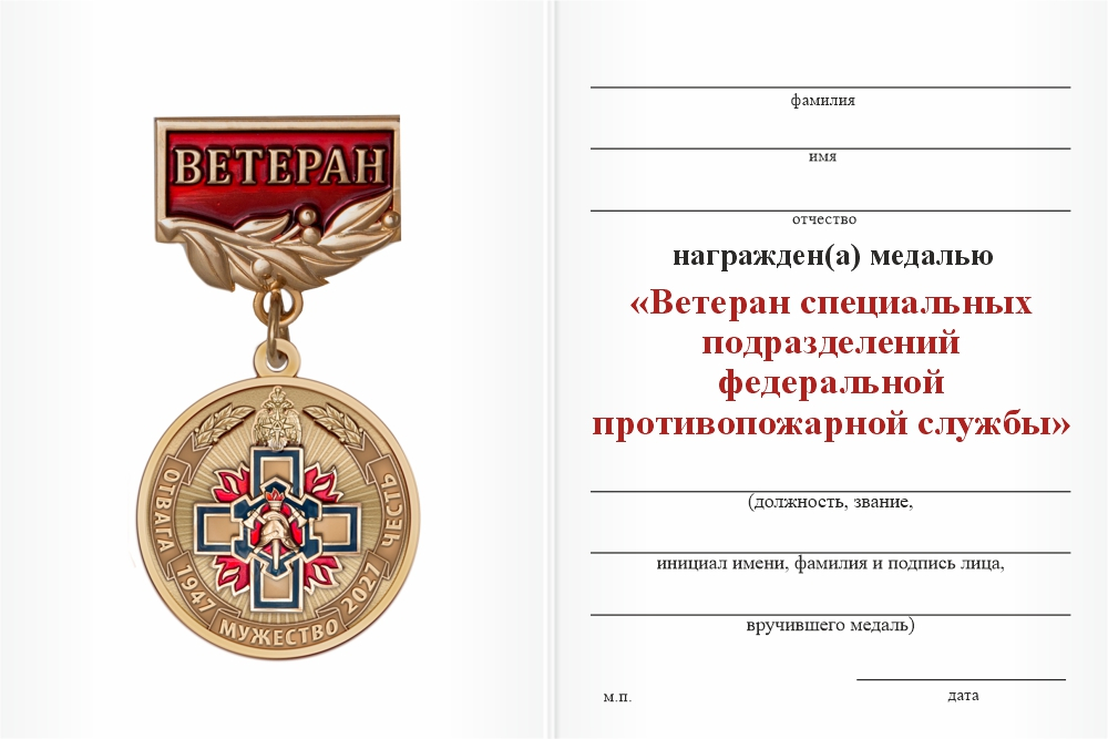 Бланк оборотная сторона Знак «Ветеран специальных подразделений ФПС МЧС РФ» с бланком удостоверения