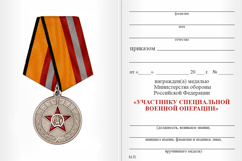 Бланк оборотная сторона Медаль МО «Участнику специальной военной операции» (серая лента)  с бланком удостоверения