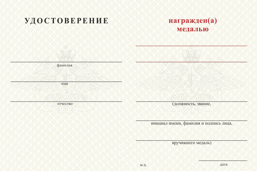Бланк оборотная сторона Медаль ВМФ (с текстом заказчика), с бланком удостоверения