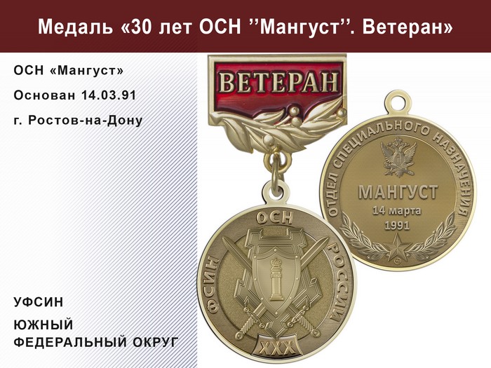Медаль «30 лет ОСН "Мангуст" Южный ФО УФСИН РФ» с бланком удостоверения, дополнительное фото 1