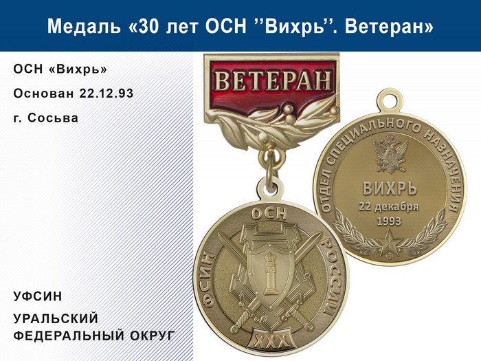 Медаль «30 лет ОСН "Вихрь" УФСИН РФ» с бланком удостоверения, дополнительное фото 1