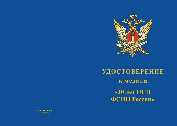 Лицевая сторона награды Медаль «30 лет ОСН "Легион" УФСИН РФ» с бланком удостоверения