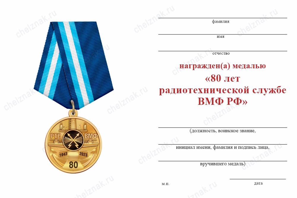 Обратная сторона награды Медаль «80 лет радиотехнической службе ВМФ» с бланком удостоверения