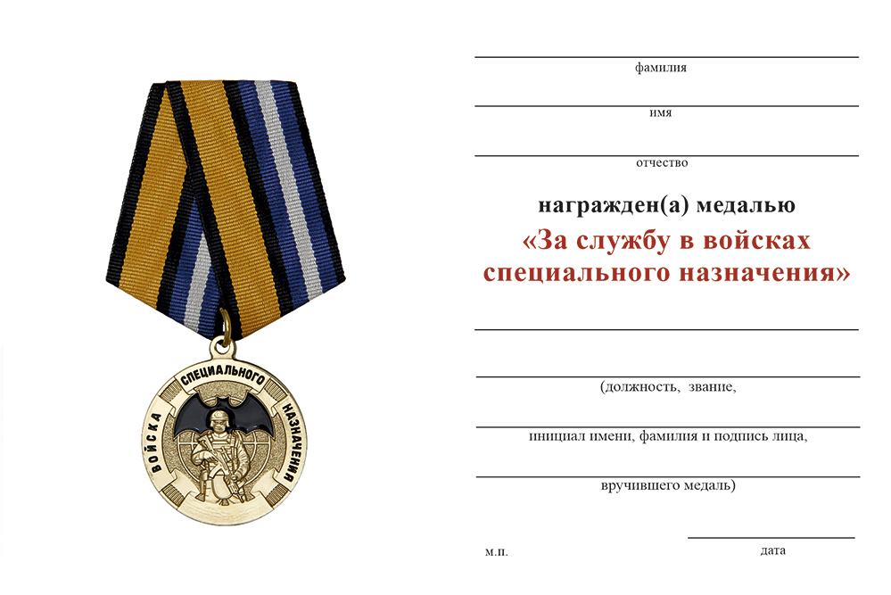 Бланк оборотная сторона Медаль «За службу в 411-м отряде специального назначения (411 оСпН)» с бланком удостоверения